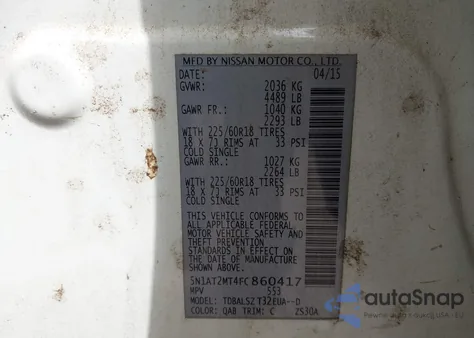 2015 Nissan Rogue Sl z USA, uszkodzony, nr VIN 5N1AT2MT4FC860417